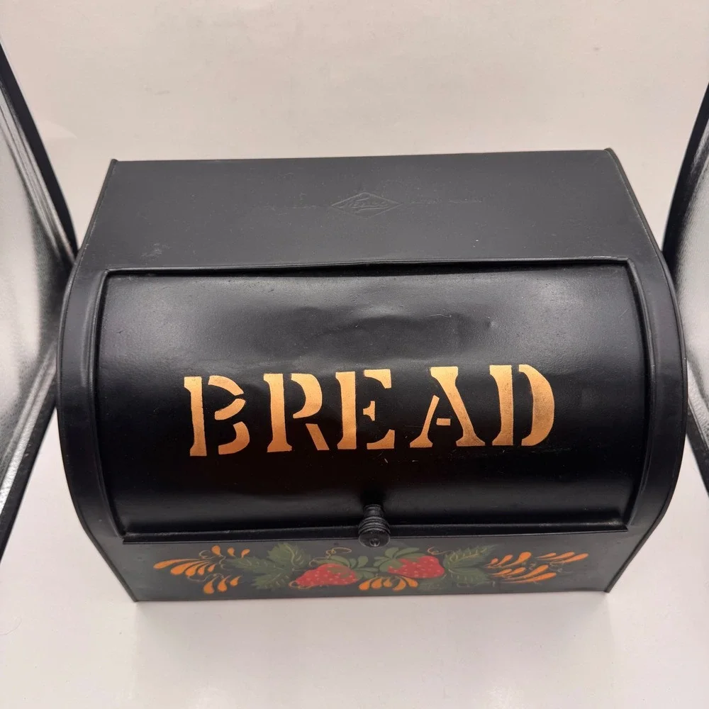 Nesco Metal Roll Top Bread Box Black Hand Toleware Painted Strawberry Floral USA